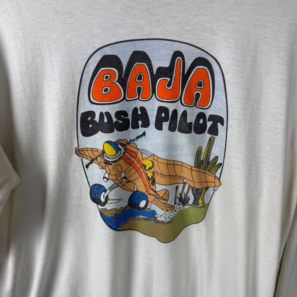 Vintage Baja Bush Pilot Long Sleeve T-Shirt Fruit of the Loom White Large USA